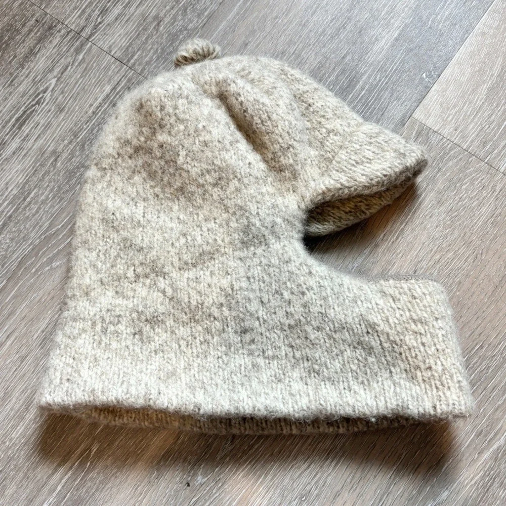 Vtg Balaclava 85% Pure Wool Face Ski Mask‎ Visor Pom Oatmeal Beige Knit